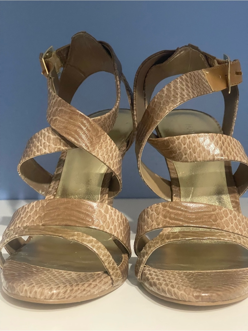 Nine West Tan Snake-Texture Strappy Heels